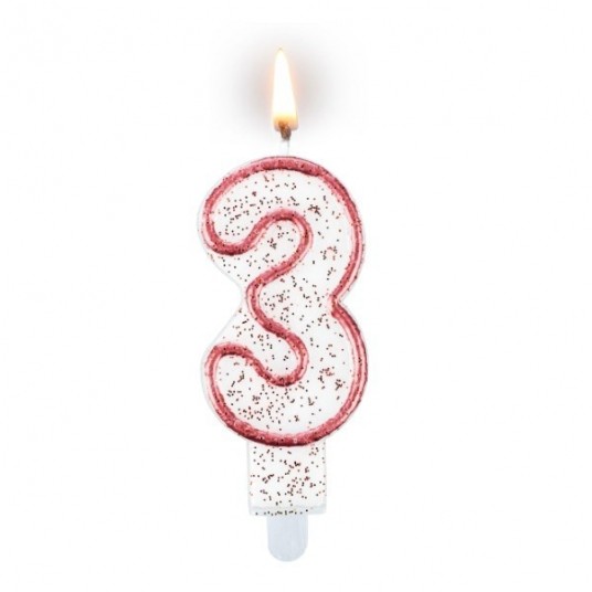 Świeczka cyferka "3" czerwona z brokatem -zdjęcie numer 1