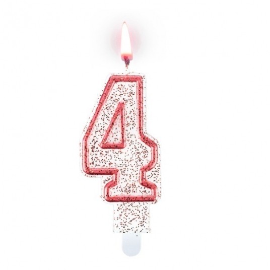 Świeczka cyferka "4" czerwona z brokatem -zdjęcie numer 1