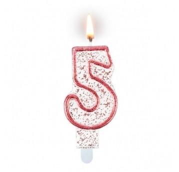 Świeczka cyferka "5" czerwona z brokatem