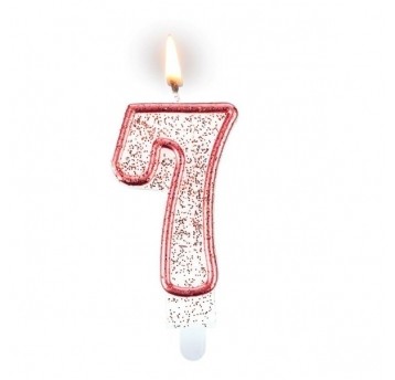 Świeczka cyferka "7" czerwona z brokatem